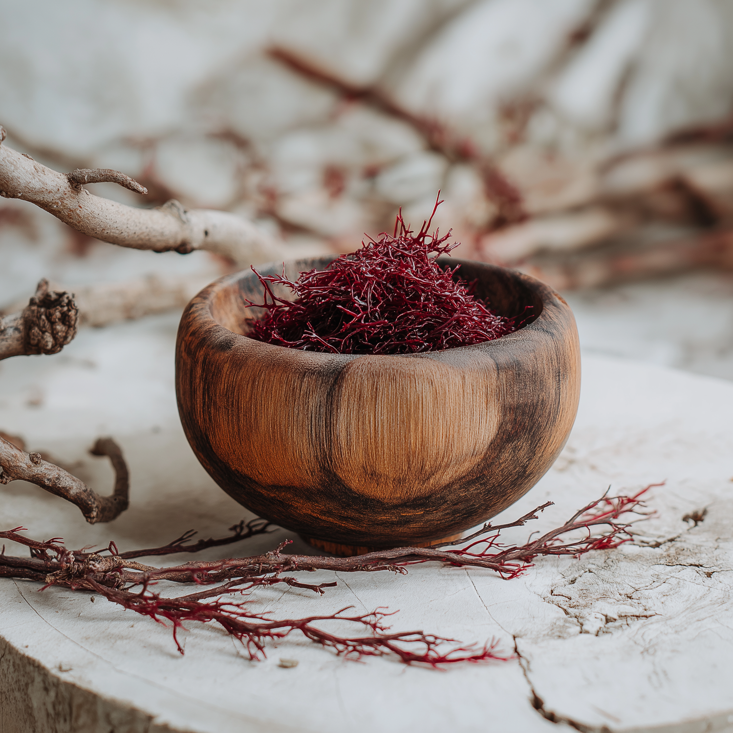 Rote Algenfasern als natürliche Quelle von Astaxanthin in Holzschale auf hellem Untergrund, dekorative Äste daneben