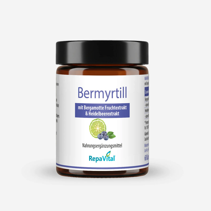 Produktfoto von Bermyrtill von RepaVital – Nahrungsergänzungsmittel mit Flavonoiden aus italienischem Bergamotte-Fruchtextrakt und Heidelbeerextrakt