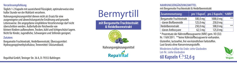 Bermyrtill von RepaVital – Nahrungsergänzungsmittel mit Bergamotte-Fruchtextrakt und Heidelbeerextrakt, 60 Kapseln