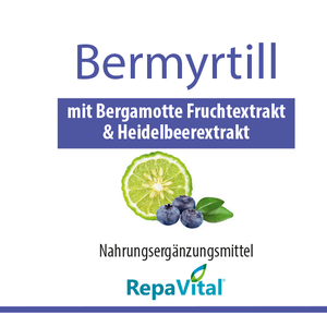 Etikett von Bermyrtill von RepaVital – veganes Nahrungsergänzungsmittel mit 500 mg Bergamotte-Fruchtextrakt und 250 mg Heidelbeerextrakt pro Kapsel, reich an Bioflavonoiden und Anthocyanen, 60 Kapseln