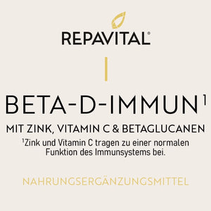 Etikett des Nahrungsergänzungsmittels RepaVital Beta-D-Immun mit Vitamin C, Zink, Beta-Glucanen, Astaxanthin, Maitake- und Reishi-Extrakt; veganes Produkt zur Unterstützung des Immunsystems
