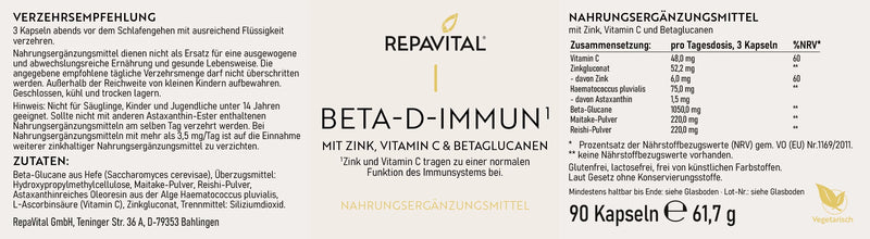 Etikett des Nahrungsergänzungsmittels RepaVital Beta-D-Immun mit Vitamin C, Zink, Beta-Glucanen, Astaxanthin, Maitake- und Reishi-Extrakt; veganes Produkt zur Unterstützung des Immunsystems