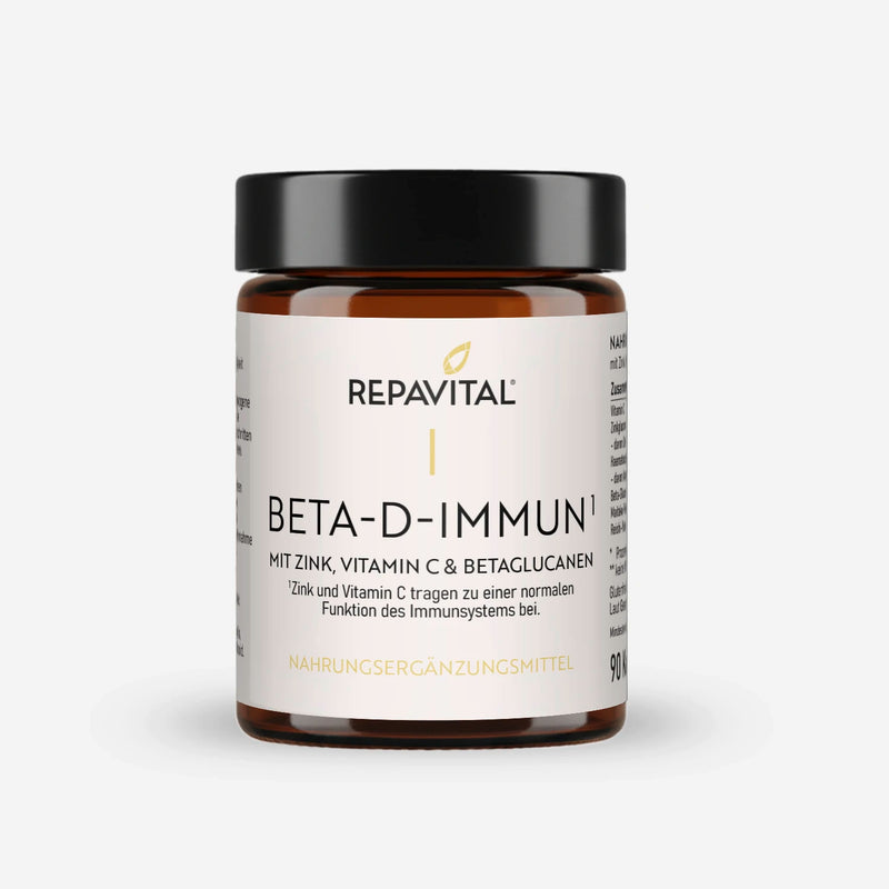 RepaVital Beta-D-Immun – veganes Nahrungsergänzungsmittel mit Zink, Vitamin C, Betaglucanen, Astaxanthin, Maitake- und Reishi-Extrakt zur Unterstützung des Immunsystems, braune Kapseln im Glas