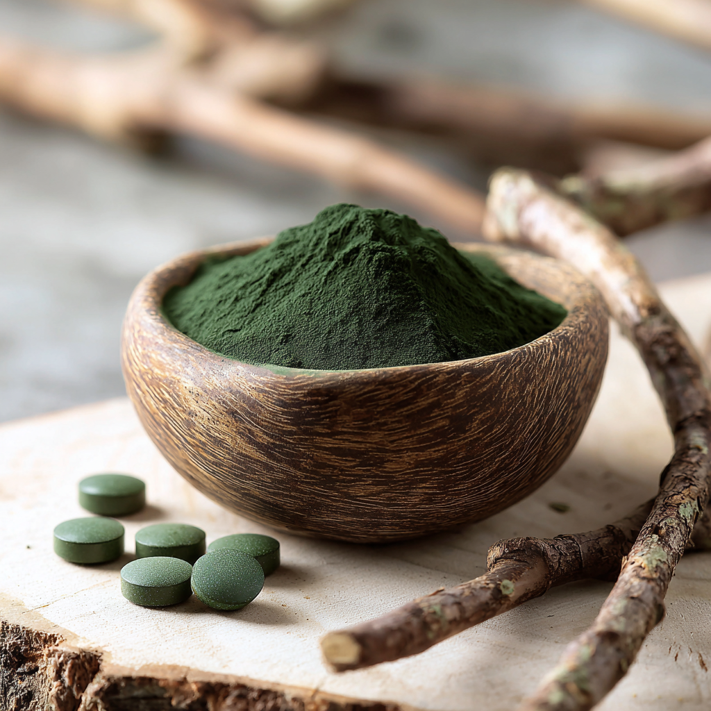 Grünes Bio-Chlorella-Pulver in Holzschale mit Chlorella-Tabletten auf hellem Untergrund, Naturaufnahme