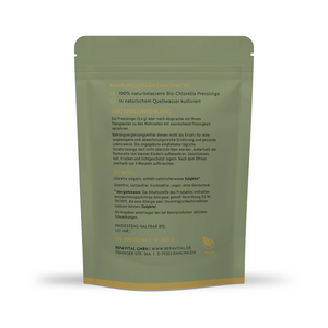 Bio-Chlorella Presslinge von RepaVital – Rückseite der Verpackung mit Verzehrempfehlung, Zutaten, Allergiehinweis (Sulphite), Haltbarkeitsdatum und Herstellerangaben
