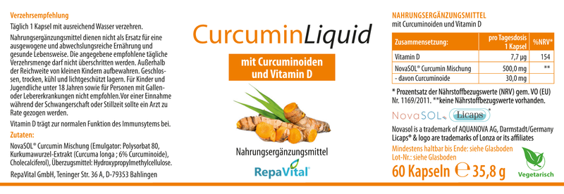 Curcumin Liquid – flüssiges Curcumin aus Curcuma longa - 60 Kapseln