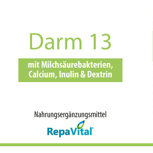Etikett des Nahrungsergänzungsmittels RepaVital Darm 13 mit 13 Milchsäurebakterienstämmen, Inulin, Dextrin und Calcium. Vegan, frei von künstlichen Zusatzstoffen, glutenfrei und laktosefrei. 60 Kapseln à 30,2 g. Hergestellt in Deutschland.