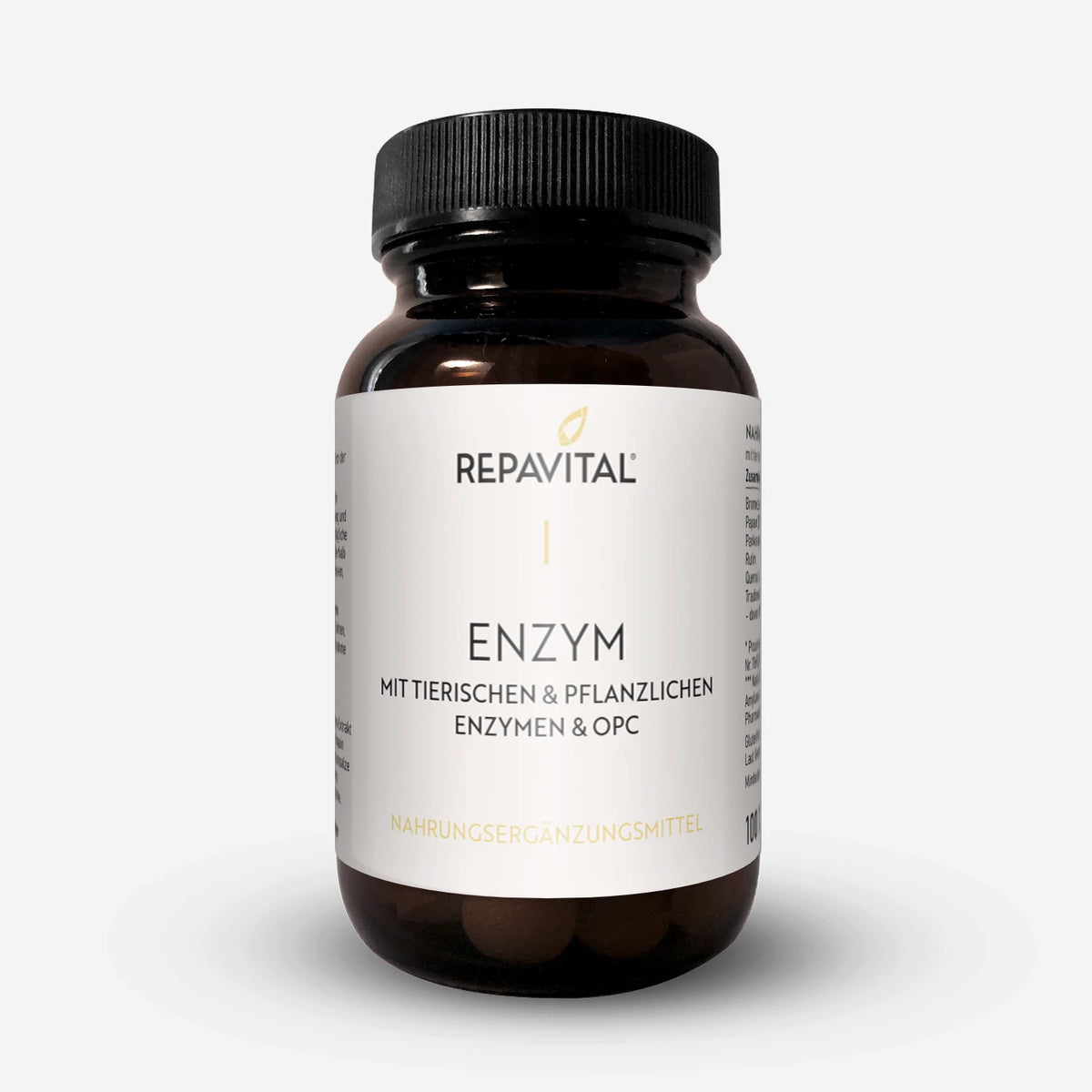 Braunglasdose mit dem RepaVital-Produkt „Enzym – mit Enzymen & OPC“ – enthält Amylase, Trypsin, Chymotrypsin, Bromelain und Papain als Nahrungsergänzung zur Enzymzufuhr.