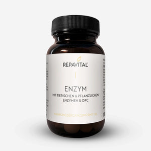 Braunglasdose mit dem RepaVital-Produkt „Enzym – mit Enzymen & OPC“ – enthält Amylase, Trypsin, Chymotrypsin, Bromelain und Papain als Nahrungsergänzung zur Enzymzufuhr.
