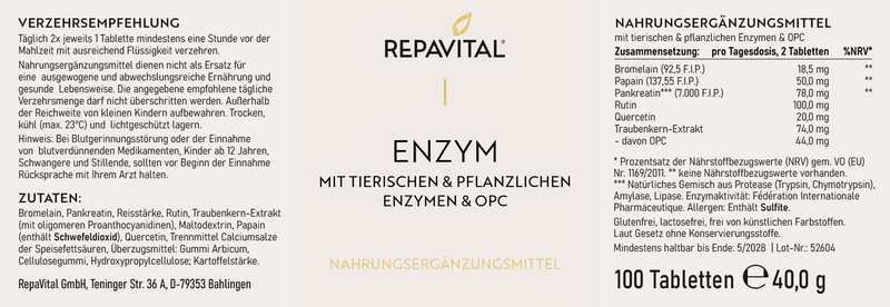 RepaVital Enzym mit tierischen und pflanzlichen Enzymen sowie OPC – Nahrungsergänzungsmittel mit Bromelain, Papain, Pankreatin und Traubenkernextrakt, 100 Tabletten