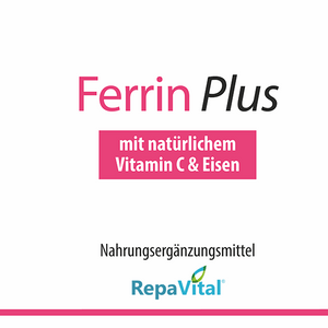 Etikett des Nahrungsergänzungsmittels RepaVital Ferrin Plus mit natürlichem Vitamin C und Eisen aus Curryblattextrakt. Enthält 60 vegane Kapseln (46,8 g), glutenfrei und ohne künstliche Zusatzstoffe. Vitamin C unterstützt die Eisenaufnahme, Eisen trägt zur Verringerung von Müdigkeit und zur normalen Funktion des Immunsystems bei.