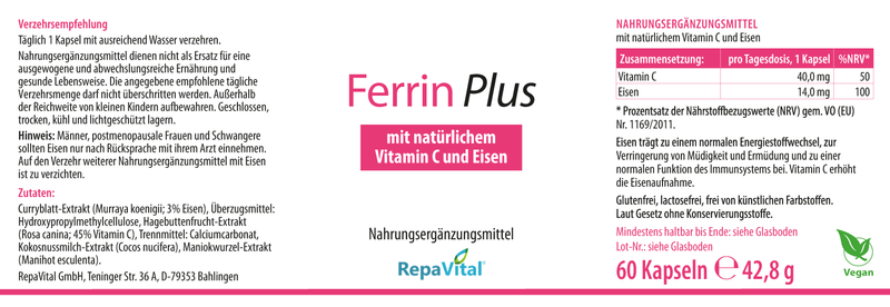 Ferrin Plus – Eisen aus Curryblattextrakt und Vitamin C - 60 Kapseln