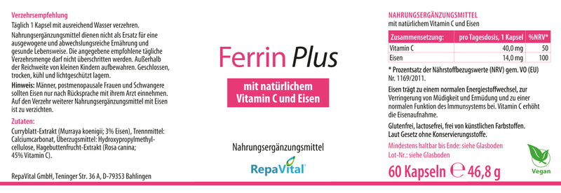 Ferrin Plus – Eisen aus Curryblattextrakt & Vitamin C – 60 Kapseln