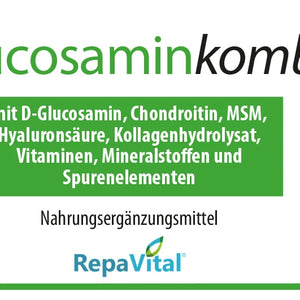 Etikett von RepaVital Glucosaminkombi – Nährwertangaben und Zusammensetzung des Nahrungsergänzungsmittels