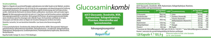 Etikett von RepaVital Glucosaminkombi – Nährwertangaben und Zusammensetzung des Nahrungsergänzungsmittels