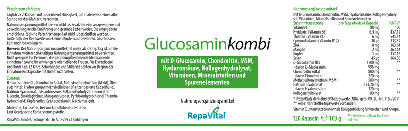 Etikett des Nahrungsergänzungsmittels Glucosamin Kombi von RepaVital mit D-Glucosamin, Chondroitin, MSM, Hyaluronsäure, Kollagenhydrolysat, Vitaminen (C, B1, B6, B12), Mineralstoffen und Spurenelementen. Empfohlene Tagesdosis: 4 Kapseln. Frei von Gluten, Laktose und künstlichen Farbstoffen. Inhalt: 120 Kapseln (103 g).