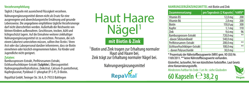 Haut Haare Nägel – Vitamine, Mineralstoffe und Pflanzenextrakte - 60 Kapseln