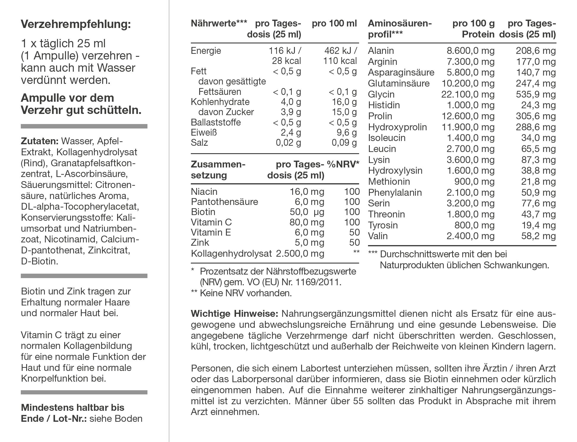 Nährwerttabelle und Anwendungsempfehlung für RepaVital Kollagen+ Premium Trinkampulle mit Kollagenhydrolysat, Biotin, Zink, Vitamin C und Niacin