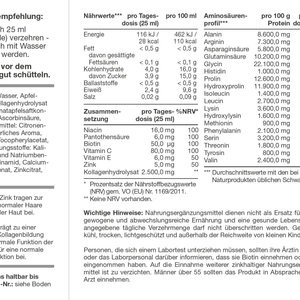 Nährwerttabelle und Anwendungsempfehlung für RepaVital Kollagen+ Premium Trinkampulle mit Kollagenhydrolysat, Biotin, Zink, Vitamin C und Niacin