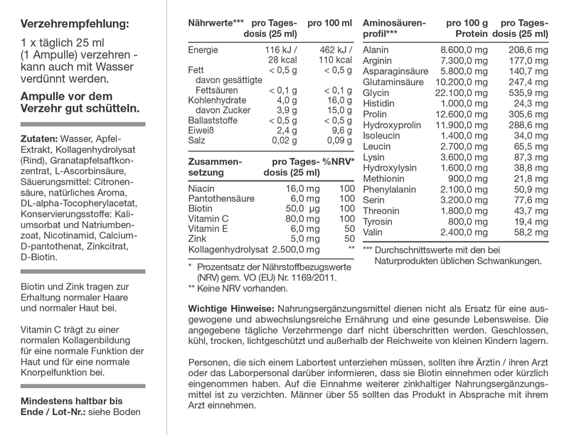 Nährwerttabelle und Anwendungsempfehlung für RepaVital Kollagen+ Premium Trinkampulle mit Kollagenhydrolysat, Biotin, Zink, Vitamin C und Niacin