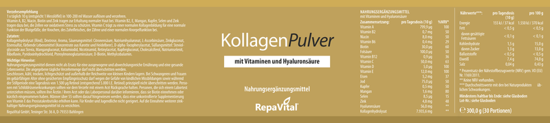 Etikett des RepaVital KollagenPulvers mit vollständiger Nährstofftabelle, Inhaltsstoffen, Verzehrempfehlung und wichtigen Hinweisen auf goldfarbenem Hintergrund.