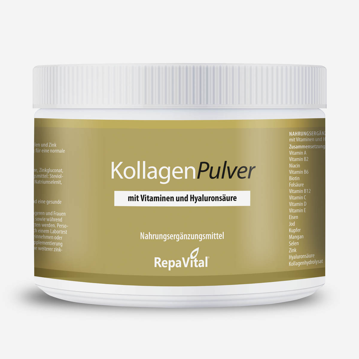 Weiße Dose mit goldenem Etikett des KollagenPulver von RepaVital – Nahrungsergänzungsmittel mit Vitaminen und Hyaluronsäure für Haut, Haare und Nägel.