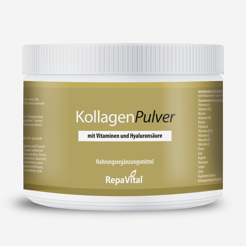 Weiße Dose mit goldenem Etikett des KollagenPulver von RepaVital – Nahrungsergänzungsmittel mit Vitaminen und Hyaluronsäure für Haut, Haare und Nägel.