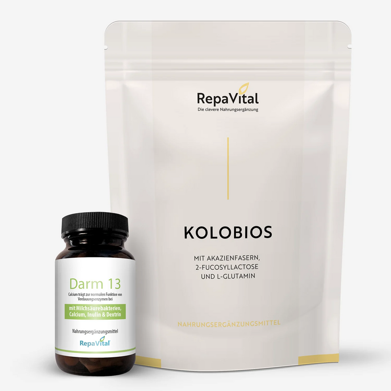 RepaVital KoloBios Pulver mit Akazienfasern, 2-Fucosyllactose und L-Glutamin sowie Darm 13 Kapseln mit Milchsäurebakterien.
