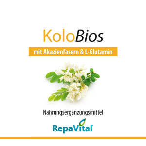 Etikett des Nahrungsergänzungsmittels RepaVital Kolobios mit Akazienfasern, Flohsamenschalen, L-Glutamin, Resveratrol und MPC (Monomere Proanthocyanidine). Vegan, glutenfrei, laktosefrei, ohne künstliche Zusatzstoffe. 300 g Pulver zur täglichen Anwendung.