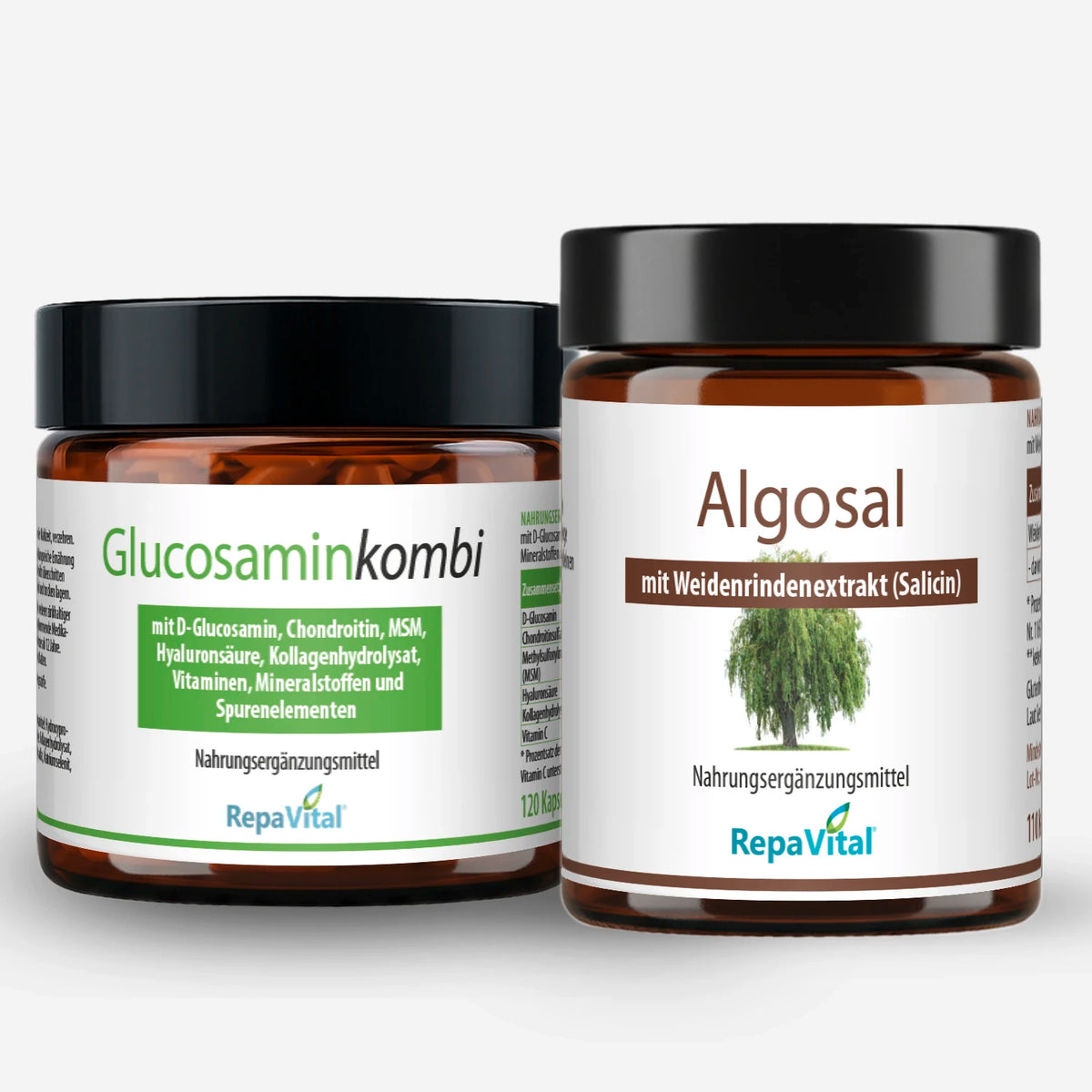 Zwei Nahrungsergänzungsmittel von RepaVital für Gelenke: Glucosaminkombi mit Vitaminen und Mineralstoffen sowie Algosal mit Weidenrindenextrakt – ideale Kombination zur Unterstützung der Gelenkfunktion