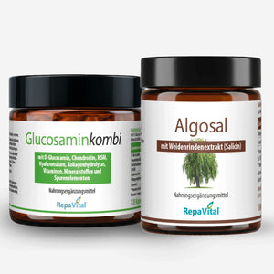 Zwei Nahrungsergänzungsmittel von RepaVital für Gelenke: Glucosaminkombi mit Vitaminen und Mineralstoffen sowie Algosal mit Weidenrindenextrakt – ideale Kombination zur Unterstützung der Gelenkfunktion