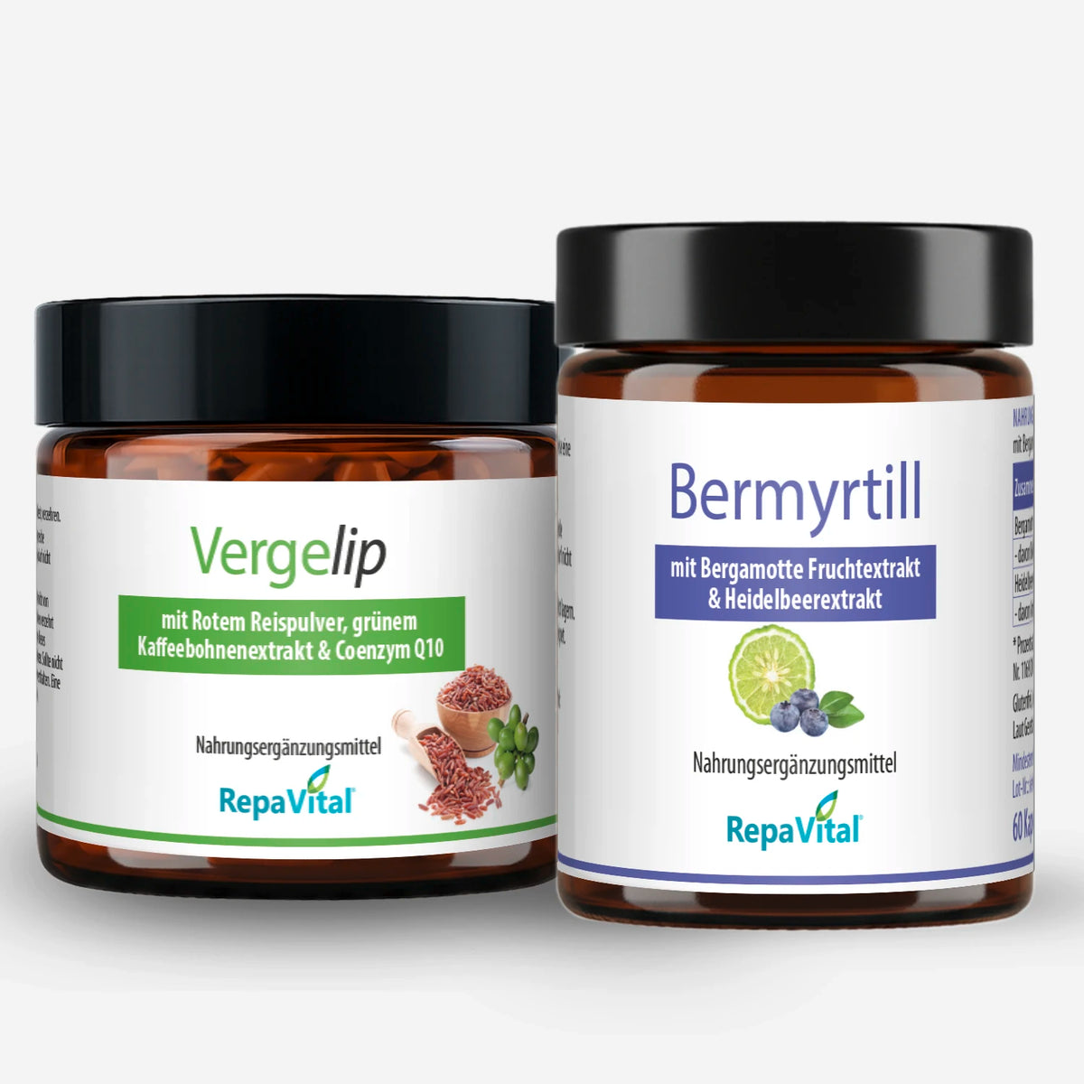 Kombiprodukt Vergelip und Bermyrtill von RepaVital, zwei braune Glasflaschen mit Kapseln, Nahrungsergänzungsmittel