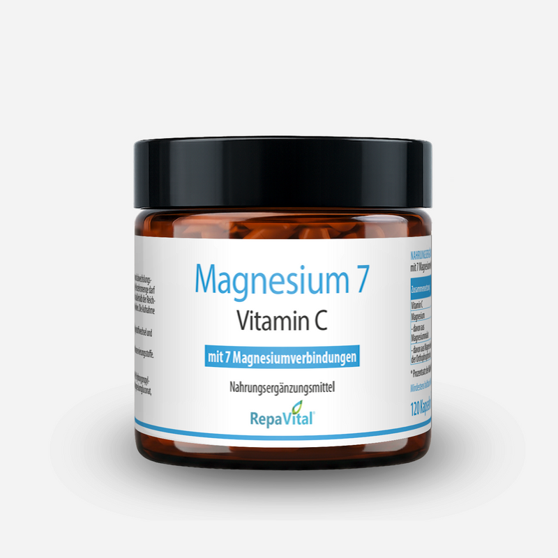 Braunglasflasche mit weißem Etikett des Nahrungsergänzungsmittels „Magnesium 7 mit Vitamin C“ von RepaVital, mit Hinweis auf 7 Magnesiumverbindungen.