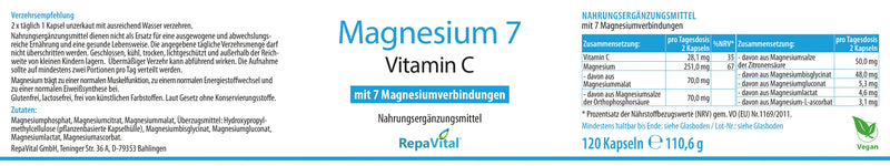Etikett Magnesium7 mit Vitamin C und 7 Magnesiumverbindungen