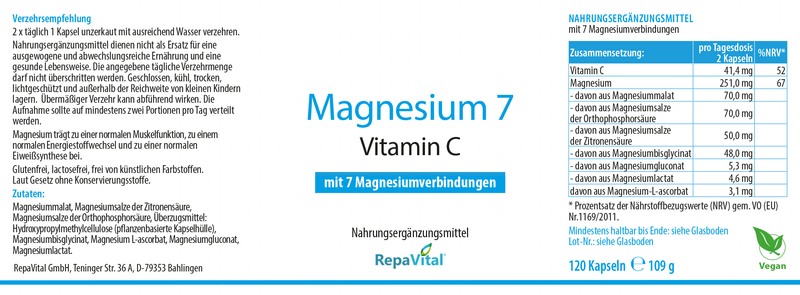 Etikett Magnesium7 mit Vitamin C und 7 Magnesiumverbindungen