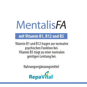 Etikett des Nahrungsergänzungsmittels „MentalisFA“ von RepaVital mit Inhaltsstoffen und Einnahmeempfehlung. Das Produkt enthält Vitamin B1, B12 und B5 sowie natürliche Inhaltsstoffe wie Cognivia®-Haferkrautextrakt, Acetyl-L-Carnitin und Phosphatidyl-L-Serin. Die Verpackung hebt die Unterstützung der psychischen Funktion und geistigen Leistung hervor. Auf der rechten Seite befindet sich eine detaillierte Nährwerttabelle pro Tagesdosis.