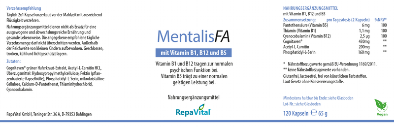 Etikett des Nahrungsergänzungsmittels „MentalisFA“ von RepaVital mit Inhaltsstoffen und Einnahmeempfehlung. Das Produkt enthält Vitamin B1, B12 und B5 sowie natürliche Inhaltsstoffe wie Cognivia®-Haferkrautextrakt, Acetyl-L-Carnitin und Phosphatidyl-L-Serin. Die Verpackung hebt die Unterstützung der psychischen Funktion und geistigen Leistung hervor. Auf der rechten Seite befindet sich eine detaillierte Nährwerttabelle pro Tagesdosis.