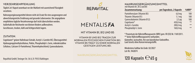 Mentalis FA – Grünes Haferkraut, Acetyl-L-Carnitin & B-Vitamine – 120 Kapseln