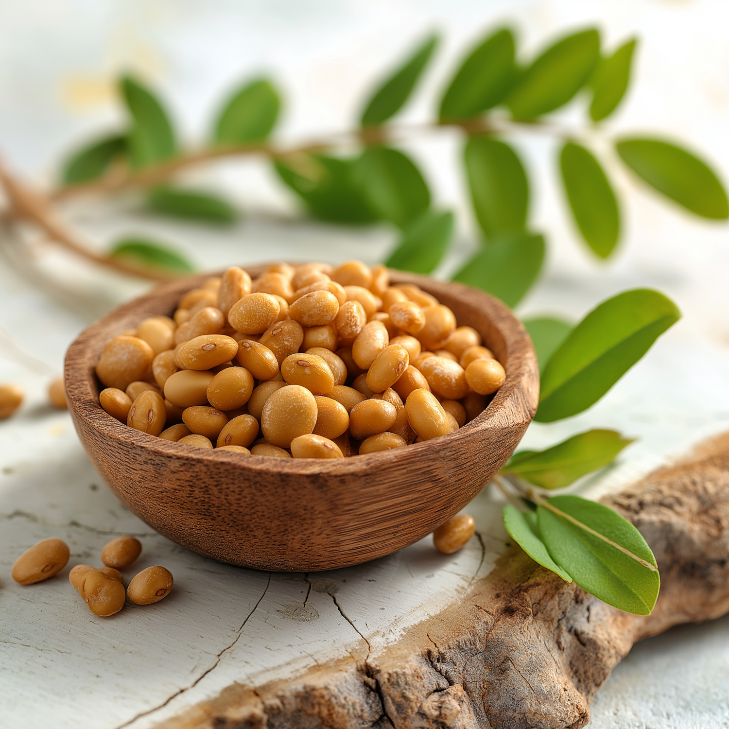 Fermentierte Sojabohnen in Holzschale mit Sojapflanzenzweig und grünen Schoten daneben als Quelle für Nattokinase