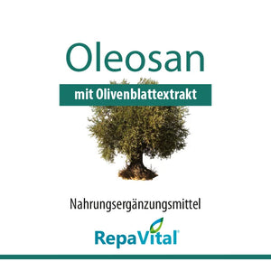 Etikett des Nahrungsergänzungsmittels Oleosan von RepaVital mit Olivenblattextrakt