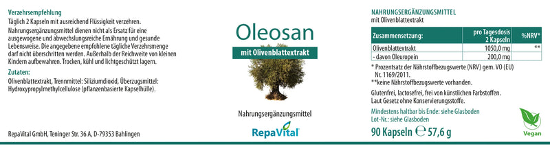 Etikett des Nahrungsergänzungsmittels Oleosan von RepaVital mit Olivenblattextrakt