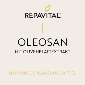 RepaVital Oleosan mit Olivenblattextrakt – Etikett mit Zutaten, Verzehrempfehlung und Zusammensetzung, Nahrungsergänzungsmittel mit Olivenblattextrakt, 90 Kapseln