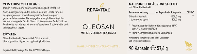 RepaVital Oleosan mit Olivenblattextrakt – Etikett mit Zutaten, Verzehrempfehlung und Zusammensetzung, Nahrungsergänzungsmittel mit Olivenblattextrakt, 90 Kapseln