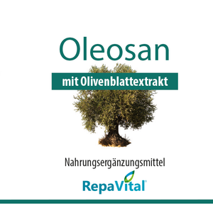 Nahrungsergänzungsmittel Oleosan mit Olivenblattextrakt – hochdosierter Olivenblatt-Komplex mit 1.050 mg Extrakt und 168 mg Oleuropein pro Tagesdosis. Vegan, ohne Konservierungsstoffe, gluten- und laktosefrei.