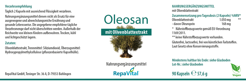 Nahrungsergänzungsmittel Oleosan mit Olivenblattextrakt – hochdosierter Olivenblatt-Komplex mit 1.050 mg Extrakt und 168 mg Oleuropein pro Tagesdosis. Vegan, ohne Konservierungsstoffe, gluten- und laktosefrei.