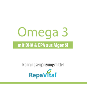 Etikett des Nahrungsergänzungsmittels Omega 3 mit DHA und EPA aus Algenöl von RepaVital – vegane Omega-3-Kapseln mit hoher Konzentration an Docosahexaensäure (DHA) und Eicosapentaensäure (EPA), ideal für Gehirnfunktion und Sehkraft