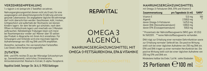 Omega 3 flüssig – DHA und EPA aus Algenöl - 100 ml