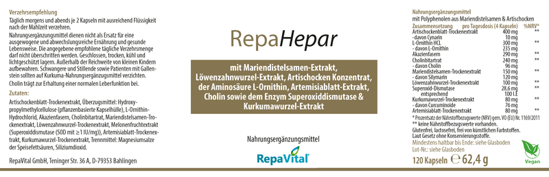 Etikett von RepaVital RepaHepar – Leber-Komplex mit Mariendistel, Löwenzahnwurzel, Artischocke, L-Ornithin, Cholin und Kurkuma – 120 vegane Kapseln.