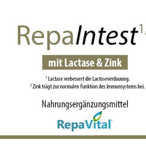 Etikett von RepaIntest Nahrungsergänzungsmittel mit Lactase und Zink zur Unterstützung der Laktoseverdauung und des Immunsystems – vegan und ohne künstliche Zusatzstoffe