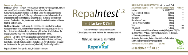 Etikett von RepaIntest Nahrungsergänzungsmittel mit Lactase und Zink zur Unterstützung der Laktoseverdauung und des Immunsystems – vegan und ohne künstliche Zusatzstoffe